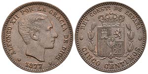 ALFONSO XII. 5 Céntimos. 1877. Barcelona ... 