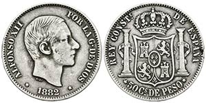 ALFONSO XII. 50 Centavos de Peso. 1882. ... 