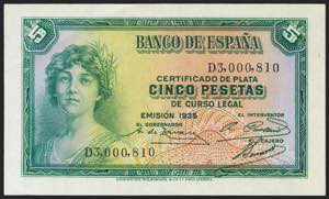 5 pesetas. 1935. Silver Certificate. Series ... 