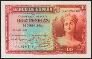 10 pesetas. 1935. Silver Certificate. Series ... 