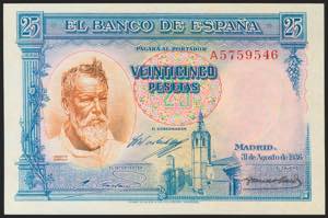 25 pesetas. August 31, 1936. Series A. ... 