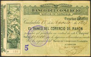 5 Pesetas. 19 de Agosto de 1907. Banco del ... 