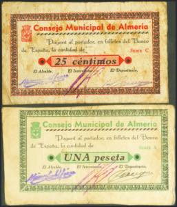 ALMERIA. 25 Céntimos y 1 Peseta. (1937ca). ... 