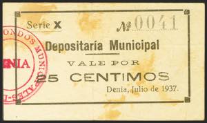 DENIA (ALICANTE). 25 Céntimos. Julio 1937. ... 