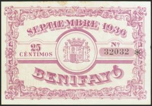 BENIFAYO (VALENCIA). 25 Céntimos. (1936ca). ... 