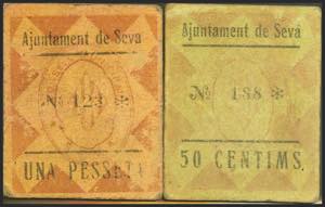 SEVA (BARCELONA). 50 Céntimos y 1 Peseta. ... 