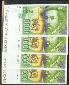 Conjunto de 4 billetes de 1000 Pesetas, ... 