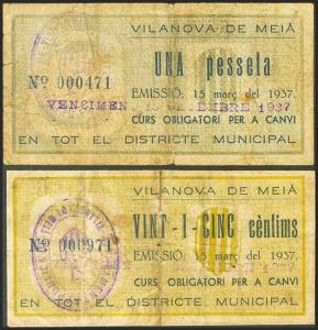 VILANOVA DE MEIA (LERIDA). 25 Cents and 1 ... 