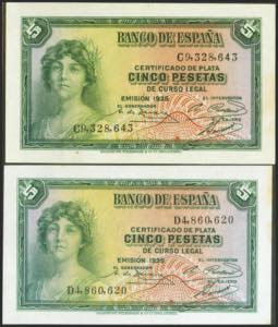 Set of 2 5 Pesetas Silver Certificate notes ... 