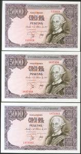 Set of 3 5000 Pesetas bills, issued on ... 