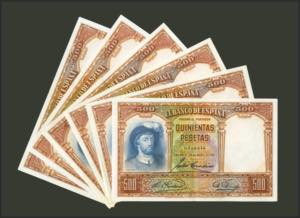 Set of 6 500 Pesetas bills issued on April ... 