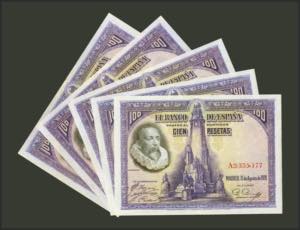 Set of 5 100 Pesetas banknotes issued on ... 