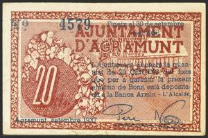 AGRAMUNT (LERIDA). 20 cents. (1937ca). ... 