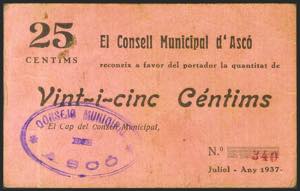 ASCO (TARRAGONA). 25 cents. July 1937. ... 