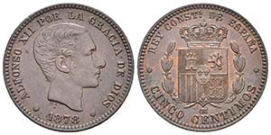 ALFONSO XII. 5 Céntimos. 1878. Barcelona ... 