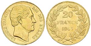 BELGICA. 20 Francos. (Au. 6,43g/21mm). 1865. ... 