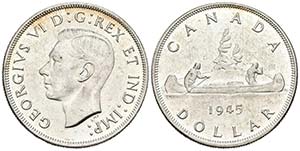 CANADA. 1 Dollar. 1945. Km#37. Ar. 23,32g. ... 