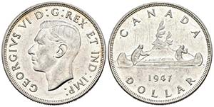 CANADA. 1 Dollar. 1947. Km#37. Ar. 23,30g. ... 