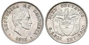 COLOMBIA. 10 Centavos. 1913. Km#196.1. Ar. ... 