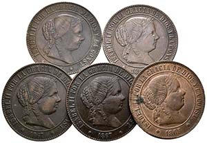 ISABEL II. Lote compuesto por 5 monedas de 5 ... 