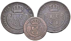 ISABEL II. Lote compuesto por 3 monedas, ... 