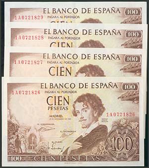 Conjunto de 4 billetes de 100 Pesetas ... 