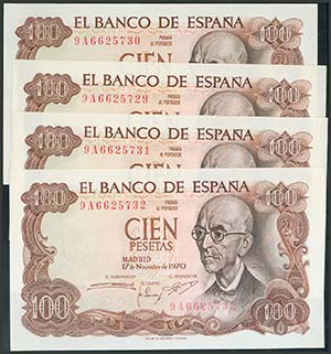 Conjunto de 4 billetes de 100 Pesetas, ... 