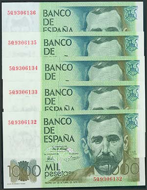 Conjunto de 5 billetes correlativos de 1000 ... 