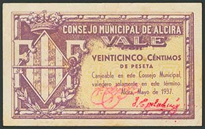 ALCIRA (VALENCIA). 25 Céntimos. Mayo 1937. ... 