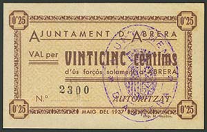 ABRERA (BARCELONA). 25 Céntimos. Mayo 1937. ... 