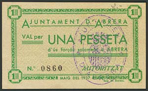ABRERA (BARCELONA). 1 Peseta. Mayo 1937. ... 