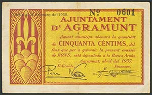 AGRAMUNT (LERIDA). 50 Céntimos. Abril 1937. ... 