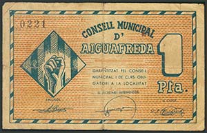 AIGUAFREDA (BARCELONA). 1 Peseta. (1938ca). ... 