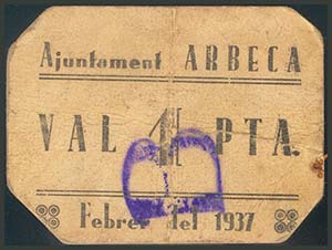 ARBECA (LERIDA). 1 Peseta. Febrero 1937. ... 