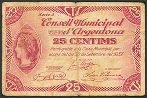 ARGENTONA (BARCELONA). 25 Céntimos. 30 de ... 
