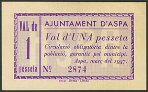 ASPA (LERIDA). 1 Peseta. Marzo 1937. ... 