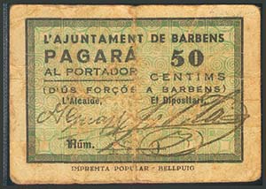 BARBENS (LERIDA). 50 Céntimos. (1938ca). ... 