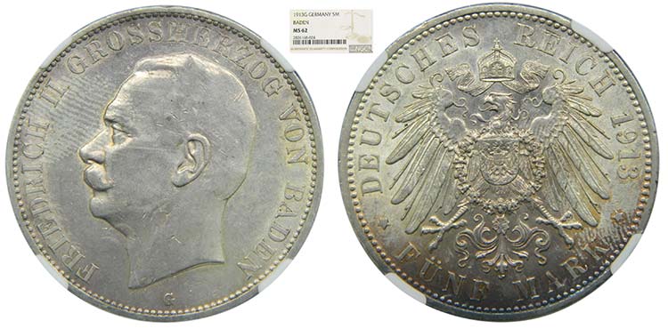 Alemania.Baden. 5 Mark. 1913 G.  ... 