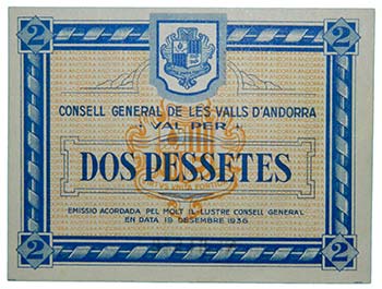 Andorra. 2 Pesetas. 1936. Azul. ... 