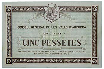 Andorra. 5 pesetas. 1936. Marrón. ... 