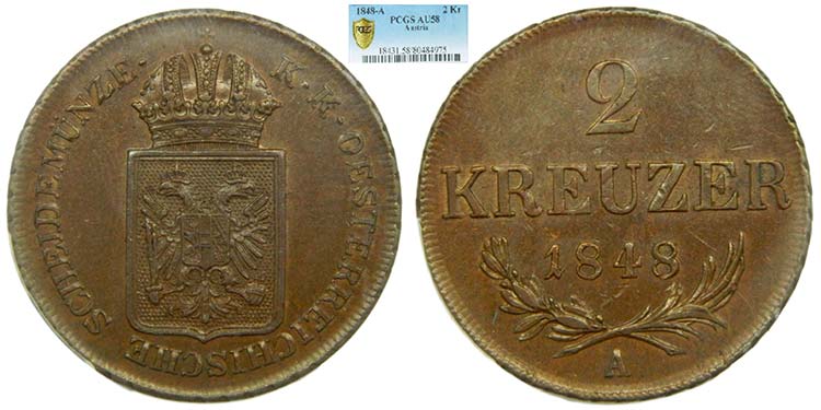 Austria. 2 Kreuzer. 1848 A. Viena. ... 