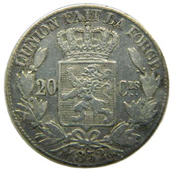 Bélgica. 20 centimes. 1852. ... 