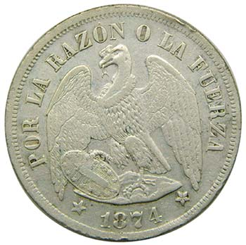 Chile. 1 Peso. 1874. Santiago. ... 