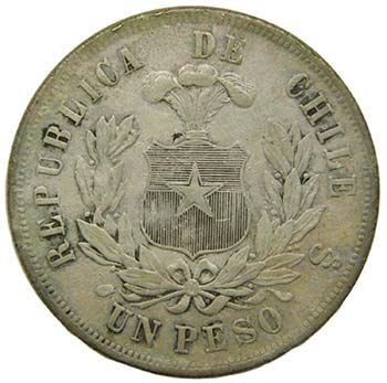 Chile. 1 Peso. 1874. Santiago. ... 