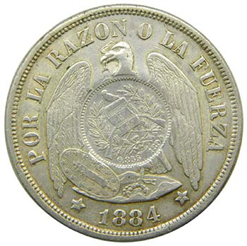Chile. 1 Peso. 1884. So. Santiago. ... 