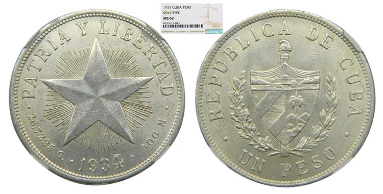 Cuba. Peso 1934. (km#15,2). Star ... 
