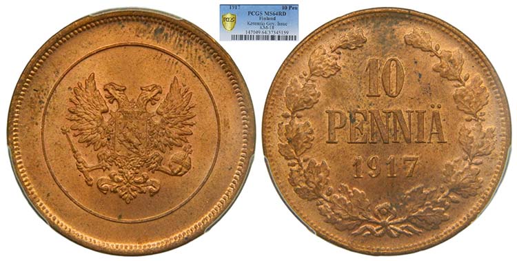 Finland. 10 Pennia. 1917. (km#18). ... 