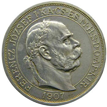 Hungria. 5 korona. 1907. AR. 40 ... 