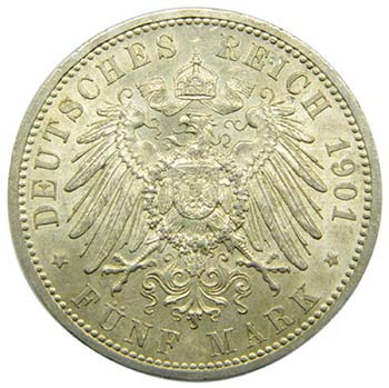 Alemania. Prussia. 5 Mark. 1901 A. ... 