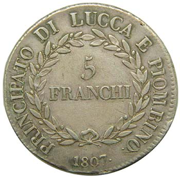 Italia. 5 Franchi . Lucca . 1807. ... 